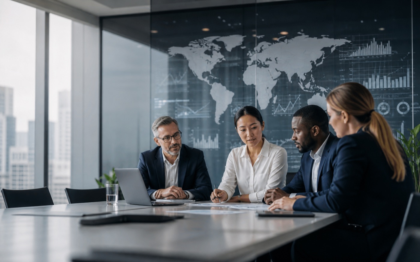 International business strategy team reviewing global market intelligence